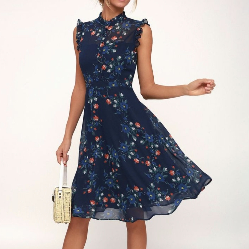 Lulu's Navy Floral Midi Dress with Coral & Green Accents